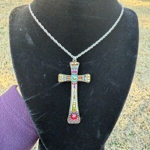Ayala Bar Silver Tone CROSS Crystal Seed Bead Rhinestone Pendant Necklace
